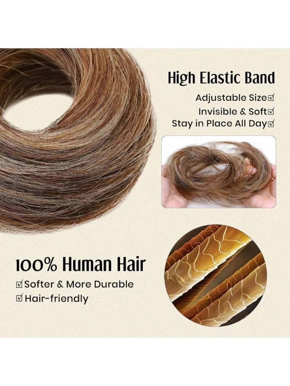 Messy Bun Hair Pieces - Human Hair, Medium Brown & Dark Blonde, Perfect for